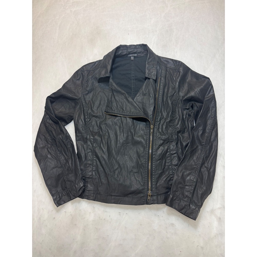 Eileen Fisher Black Faux Leather Moto Biker Jacket Women's‎ Med Asymmetrical Zip